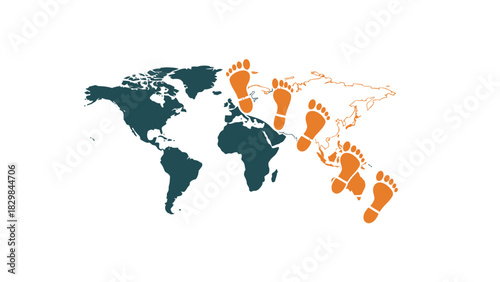 A blue graphic illustration of people standing around a globe on a white background with a swoosh design element.