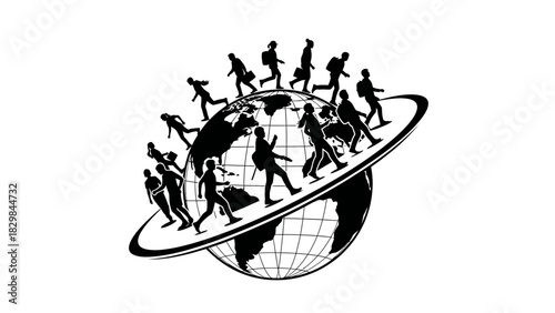 A blue graphic illustration of people standing around a globe on a white background with a swoosh design element.