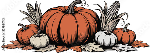 Classic woodcut style illustration of an abundant autumn harvest arrangement, showcasing a giant orange pumpkin centerpiece, small white squash, husked maize corn, and oak foliage; traditional rustic