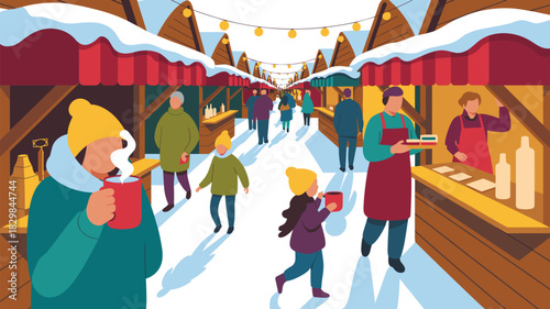 Cheerful people shopping at a vibrant outdoor winter market illustration, buying goods and enjoying warm drinks among traditional wooden stalls, perfect vector graphic for holiday advertising, travel