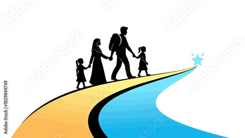 A blue graphic illustration of people standing around a globe on a white background with a swoosh design element.