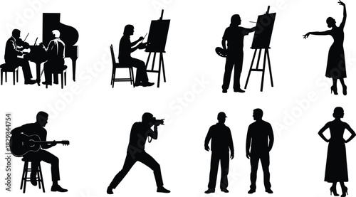 Artists and creative professions silhouette vector set, musician, painter, dancer, photographer, and performers, collection of people engaged in various arts and artistic careers illustration.