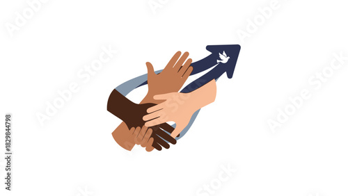 A blue graphic illustration of people standing around a globe on a white background with a swoosh design element.