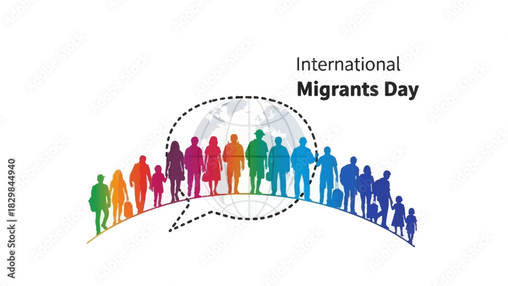 Naklejka premium A colorful illustration of diverse people standing on a curved line with a speech bubble and globe behind them, celebrating International Migrants Day on a white background with vibrant