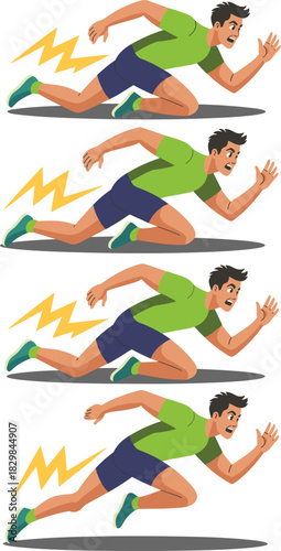 Sequential vector illustration of a determined young man in athletic sportswear accelerating quickly from a starting block, capturing the speed, power, and movement of a fast runner, symbolizing rapid