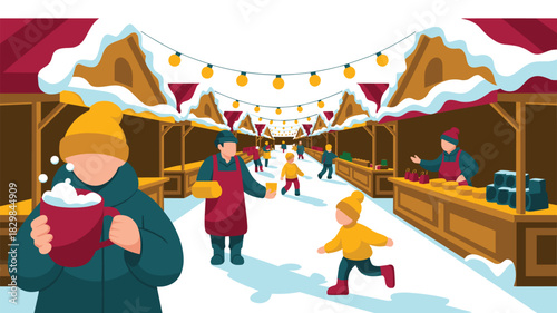 Festive winter holiday market vector illustration showing cheerful customers and friendly vendors amidst snow-covered wooden stalls, brightly illuminated by string lights, depicting families enjoying