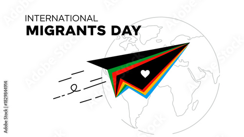 A colorful paper airplane with a heart flies in front of a gray globe on International Migrants Day, symbolizing global migration and hope.