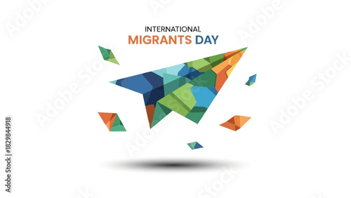 A colorful paper airplane with the words 'International Migrants Day' floats in mid-air on a white background.