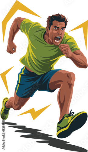 Powerful male runner sprinting and racing aggressively with intense focus and pure energy, shouting during a competitive event or vigorous training workout, displayed in a dynamic vector illustration,