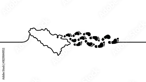 A black line drawing of an irregularly shaped object on the left side connected to a trail of small black blobs leading to the right on a white background.