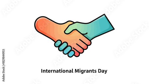 A colorful illustration of two hands shaking on a white background to celebrate International Migrants Day with a vibrant orange and blue gradient.