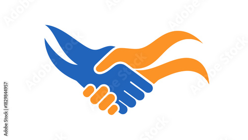 A blue and orange handshake logo with wavy lines extending from the hands on a white background.