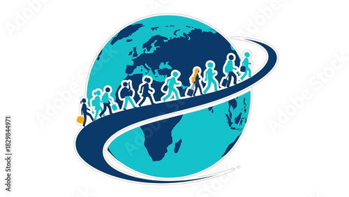 A graphic illustration of a blue globe with a white ring encircling it, featuring a diverse group of people walking around the middle, set against a plain white background.