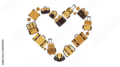 A heart-shaped arrangement of various luggage and travel accessories on a white background, showcasing a creative travel concept.