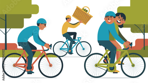 Joyful people riding bicycles, including a happy smiling couple and an individual carrying a woven picnic basket, through a natural green outdoor park landscape, depicting healthy summer recreation, u