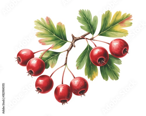 Watercolor illustration of hawthorn berries and leaves on a white background
