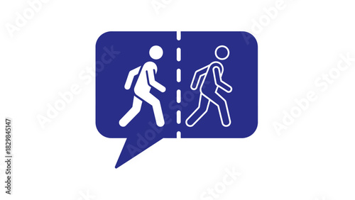 A blue sign with two white stick figures walking on either side of a dashed line, separated by a speech bubble on a plain white background.
