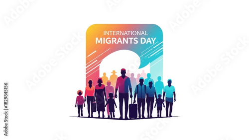 A colorful illustration of a diverse group of people standing in front of a sign for International Migrants Day with a rainbow background and white text on a plain white backdrop.