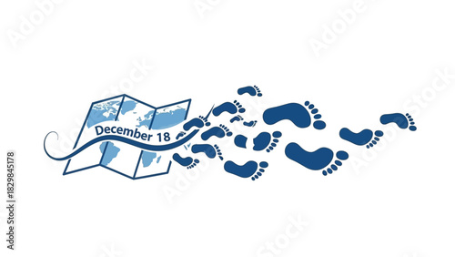 A blue illustration of a calendar with a ribbon and footprints on a white background, representing a journey or progress from December 18.