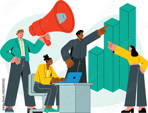 Diverse business professionals executing corporate strategy and financial growth planning, pointing toward maximizing bar charts, symbolizing market success and effective digital communication, teamwo