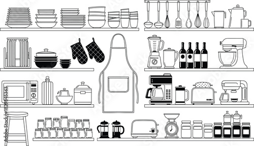 Black and White Kitchen Shelves Vector Illustration, Featuring Assorted Appliances, Utensils, Dishes, Jars, and Apron, Depicting Domestic Cooking Area and 