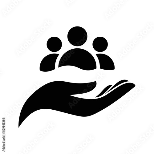 Silhouette of three people figures resting on an open hand, representing community care and support, isolated on