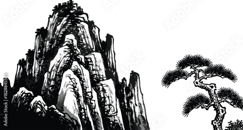Black and White Traditional Chinese Ink Painting Vector Illustration, Featuring Majestic Pine Tree and Steep, Jagged Mountain Peak, Representing Asian  