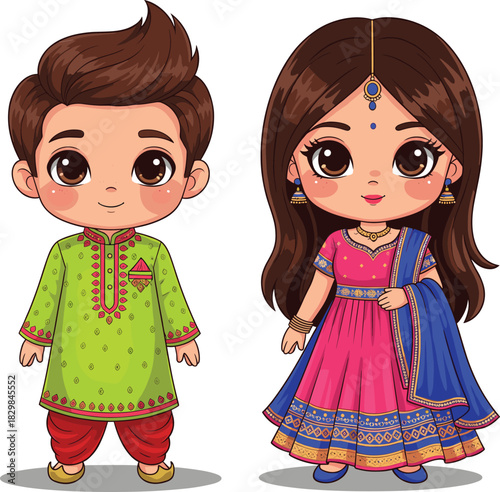 Cartoon Indian children, traditional clothing, green kurta, pink lehenga, cultural fashion, jewelry, festive wear, ethnic outfit, illustration, heritage