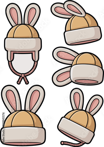Adorable cartoon collection of festive rabbit ears winter hats, featuring beige trapper caps and fluffy cream beanies in various dynamic poses, ideal for playful seasonal graphic design assets, sticke