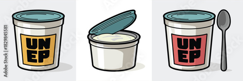 Stylized vector graphic featuring convenience food packaging, displaying three different single-serving containers: two sealed product mockups with contrasting red and yellow labels, and one opened cu