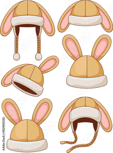 Adorable bunny rabbit winter hat collection vector illustration set featuring various styles of cozy warm trapper caps and beanies with floppy or upright ears, dangling braided pigtails, and white fur