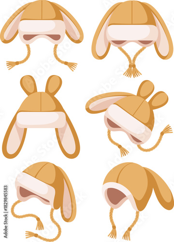 Six adorable rabbit ushanka winter hats vector illustration collection showing various angles, cozy apparel fashion accessories graphics, furry floppy ear flaps and braided straps, flat design clothin