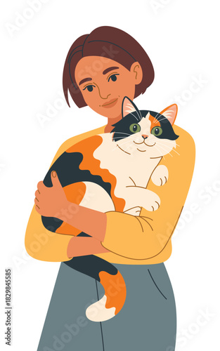 Affectionate woman holding her beloved calico tricolor cat, depicting a loving relationship and companionship between pet owner and feline friend; flat vector illustration for modern domestic lifestyl