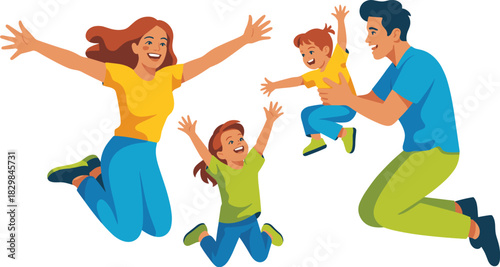 Energetic, cheerful family of four, including happy parents, mother and father, playing and jumping high with two joyful kids, daughter and son, celebrating health, freedom, and an active modern lifes