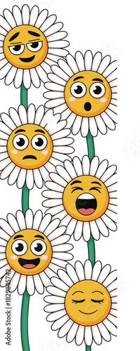 Whimsical cartoon daisy flowers expressing diverse human emotions and feelings, including happy, sad, laughing, smug, and surprised emoji faces in a colorful, vertical graphic banner illustration, ide