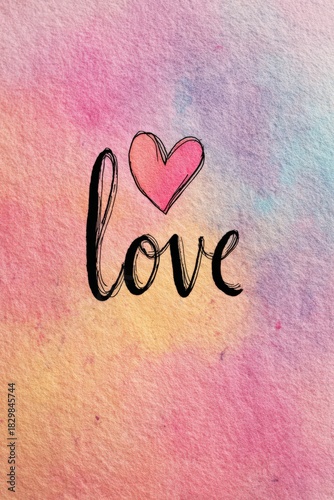 Hand-Lettered Love with Watercolor Heart and Pastel Background