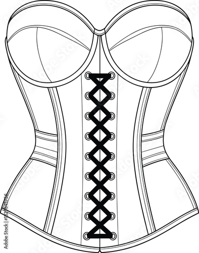 Corset technical fashion sketch, lace-up front, sweetheart neckline, structured boning, garment design, cad drawing flat vector illustration