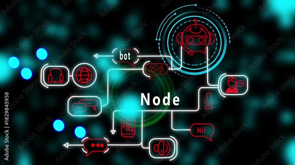 Node futuristic AI interface animation with neon communication paths ...