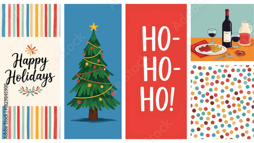 A festive collage featuring a "Happy Holidays" greeting, a decorated Christmas tree, "HO HO HO" text, and a holiday meal with wine.