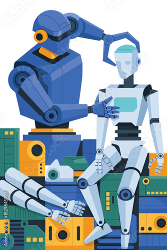 Advanced robotics assembly where a large blue industrial technician robot assists a newly built white humanoid android, symbolizing artificial intelligence development, engineering innovation, mainten