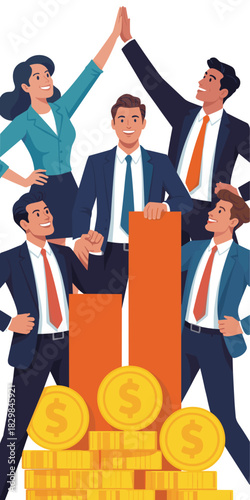 Diverse group of five professional corporate employees celebrating business success, victory, and market growth with a high-five gesture, standing behind a large financial bar graph and piles of money