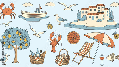 A charming collection of hand-drawn illustrations depicting Mediterranean summer vacation elements, including food, animals, and beach items.