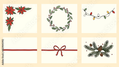 Six Christmas card designs with festive decorations, including poinsettias, wreaths, lights, ribbons, and pine cones.