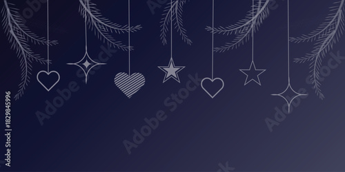 Delicate silver ornaments shaped like hearts and stars hang from frosted branches on a dark background