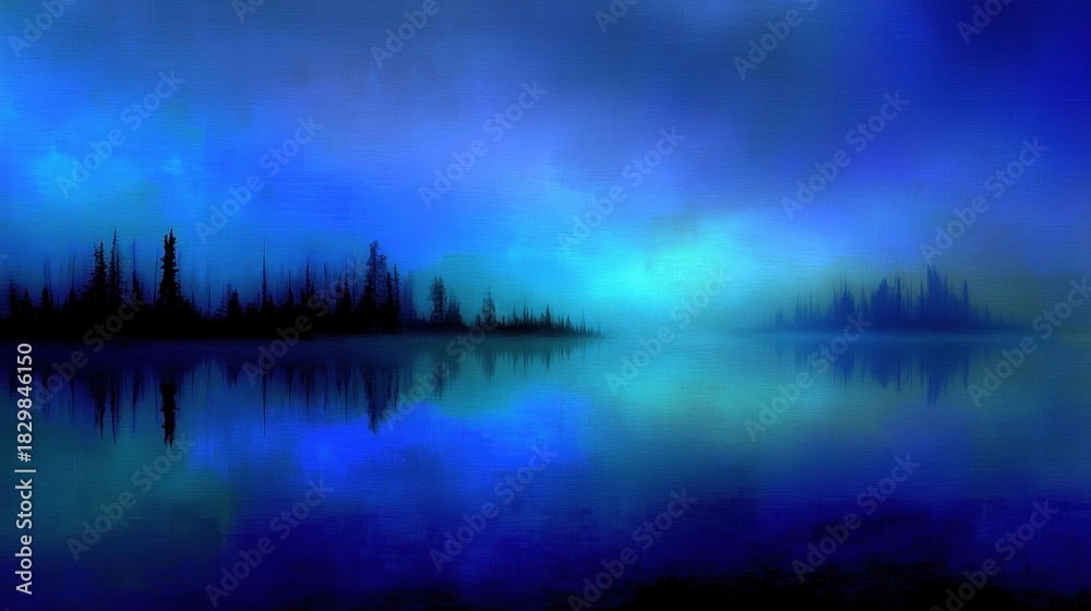 Fototapeta premium Misty Blue Lake with Silhouetted Trees - Serene Nature Scene for Backgrounds and Decor