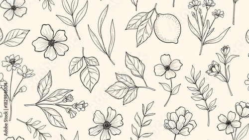 Seamless pattern with hand drawn flowers, leaves, and lemon on beige background.