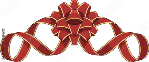 A luxurious deep red holiday celebration star bow illustration featuring elegant gold trim edges and symmetrical decorative swirling ribbons, perfect vector graphic asset for festive Christmas marketi