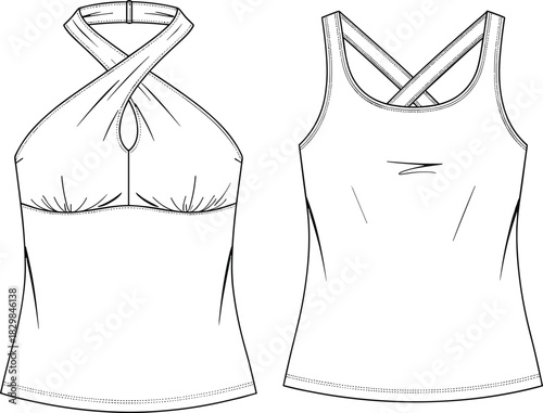 Crisscross halter top technical sketch, keyhole neckline, fitted bust, fashion design, front and back view, cad drawing flat vector illustration