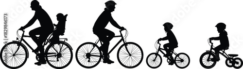 Family Cycling Silhouettes Vector Illustration, Featuring Parents and Children Riding Bicycles, Including Bike Seats and Tricycles, Representing Healthy Lifestyle, Outdoor Activity, and Family Time 