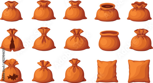 Set of Cartoon Brown Hessian Sacks and Bags in Various Shapes, Open and Closed, for Storing Grain, Flour, Money, or Treasure Vector Illustration